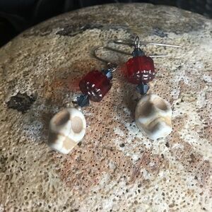 Hand Crafted Spooky Howelite Carved Skull and Vintage Red Glass Bead Earrings